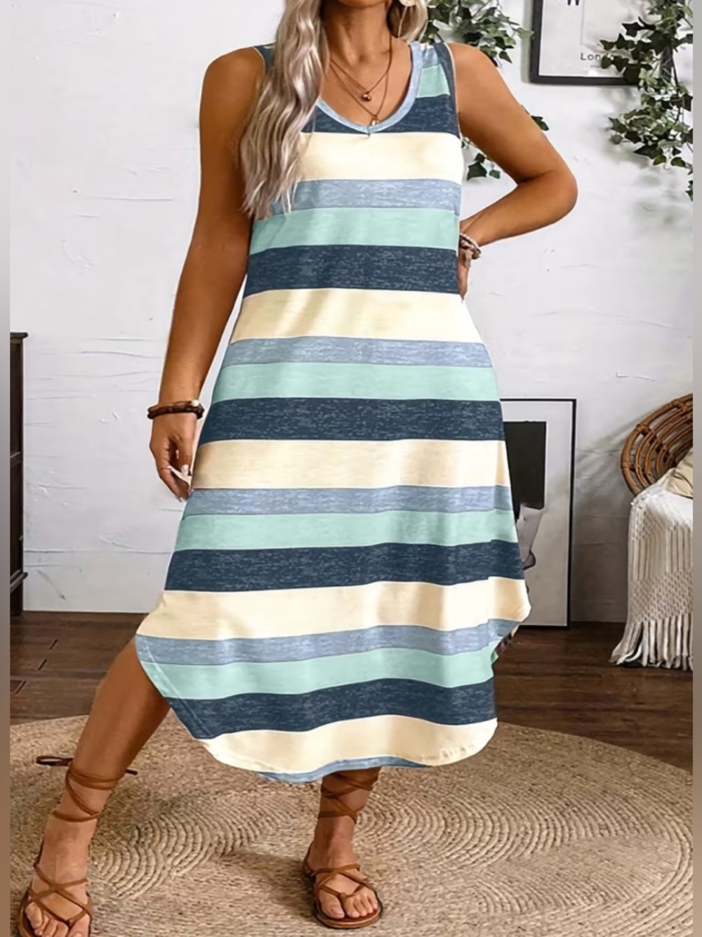 🆕 Plus Size Colorful Stripe Curved Hem Tank Dress, - Picture 3 of 3
